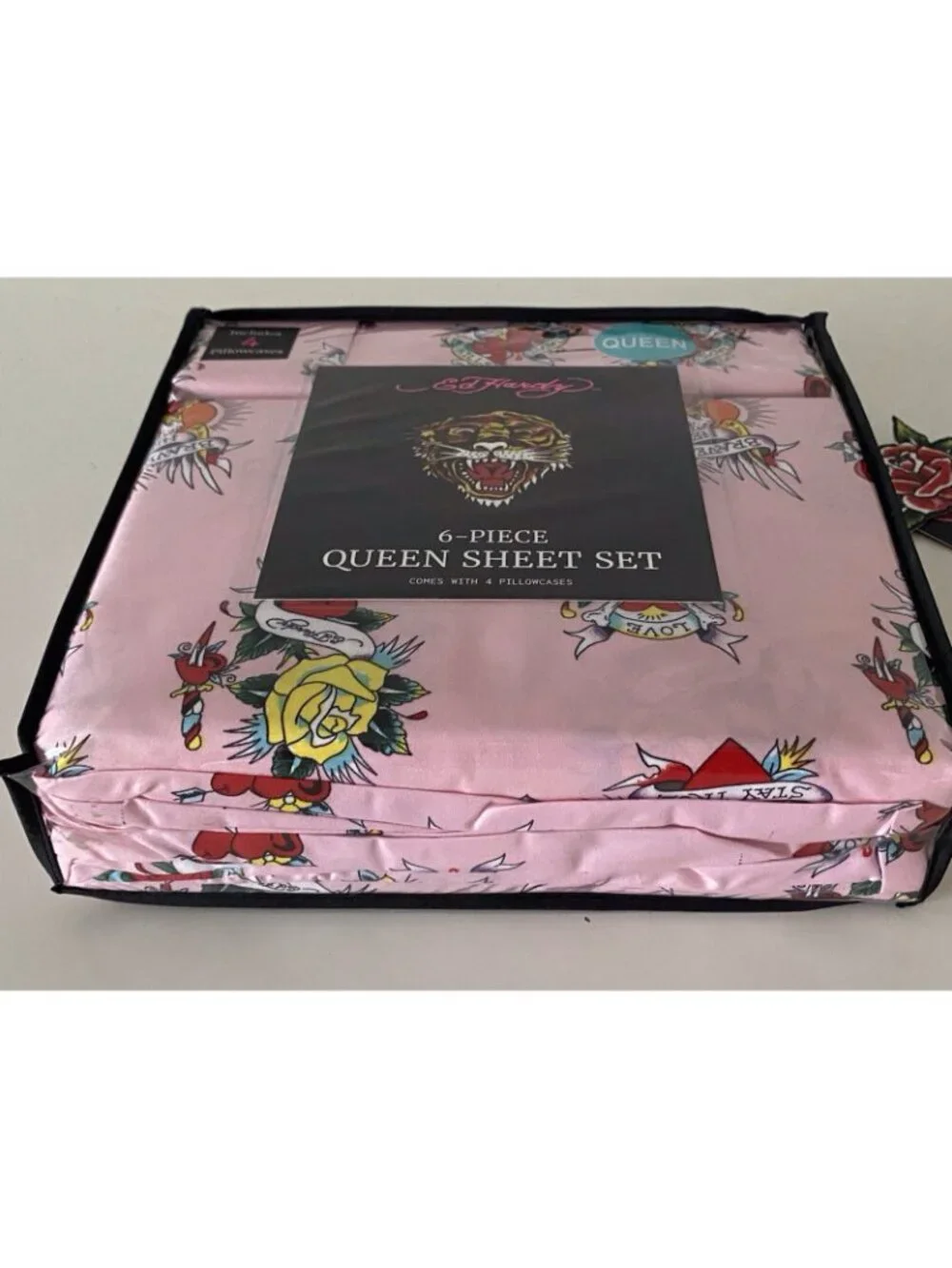 6 Piece Ed Hardy QUEEN Size Sheet Set Pink Roses Hearts Logo Tattoo NEW